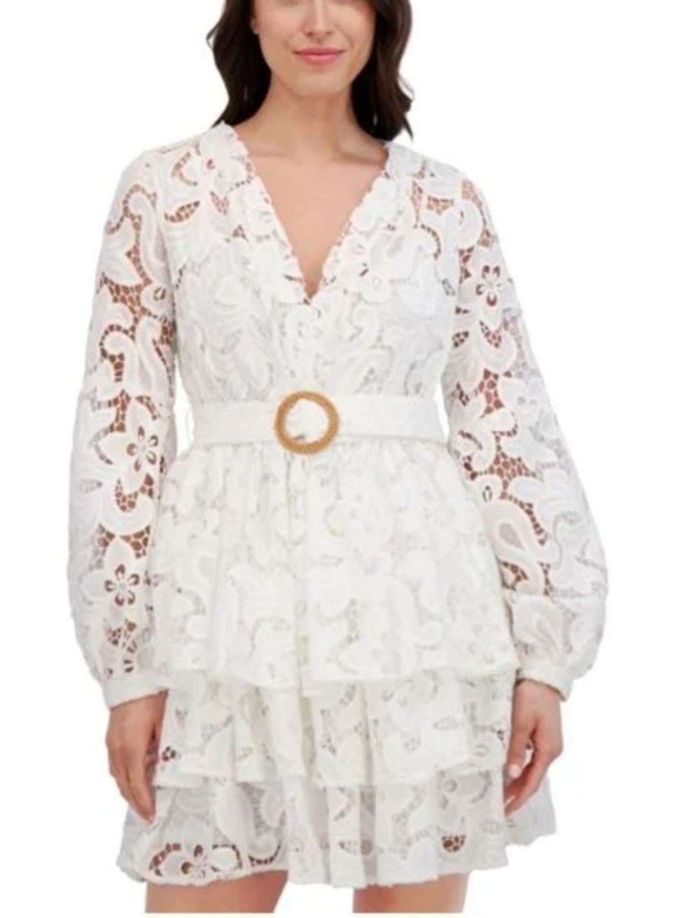 Siena Women's Blouson-Sleeve Tiered Lace A-Line Dress